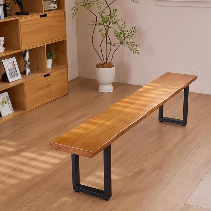 Solid Wood Top Bench with Metal Legs Durable Long Bench - Image 2