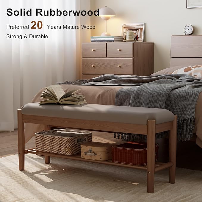 Shoe Bench Entryway with Cushion, Solid Wood Bench with Shoe Storage, 2-Tier - Image 5