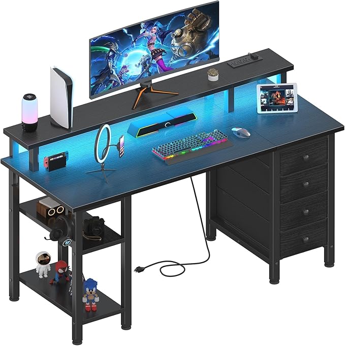 Lufeiya Black Gaming Desk with LED Lights and Power Outlets, 47 inch Computer by LUFEIYA