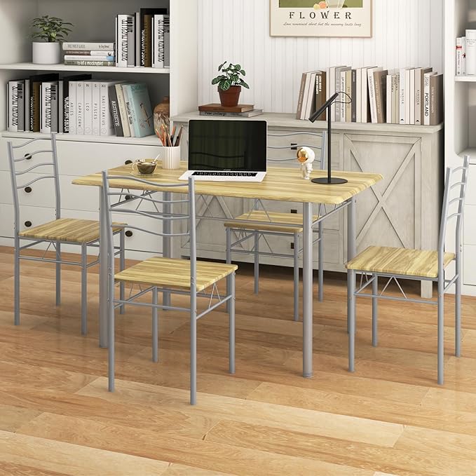 5 Piece Dining Table Set for 4 Chairs Modern Wood Metal Kitchen Breakfast - Image 8