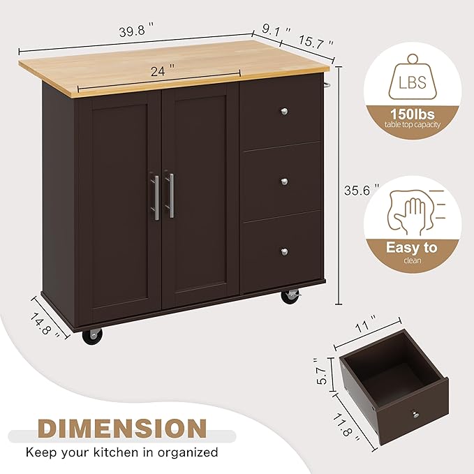 Shintenchi Kitchen Island with Folding Drop Leaf, Rolling Island Table with - Image 4