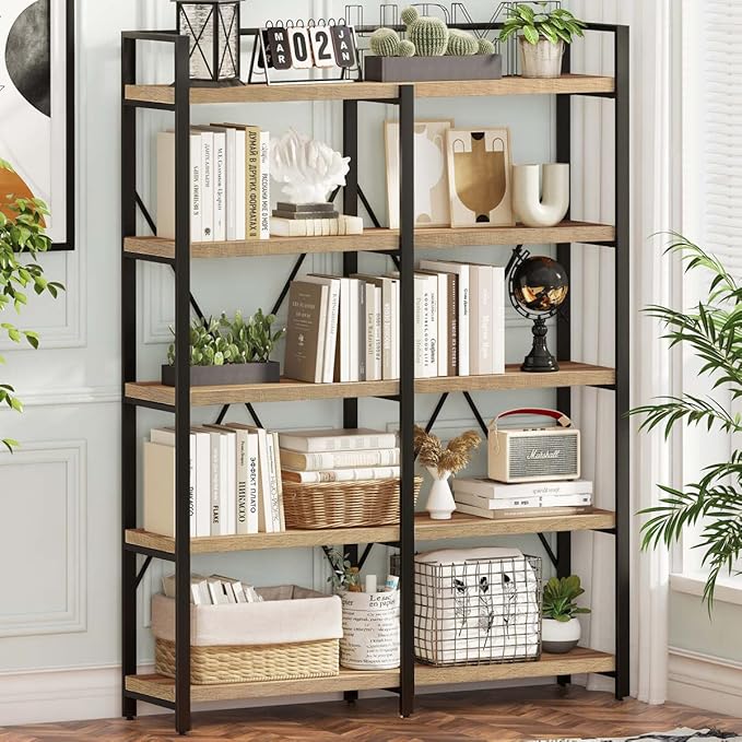 FATORRI Bookshelf, 5 Tier Industrial, Tall Etagere Bookcase, Rustic Wood and by FATORRI