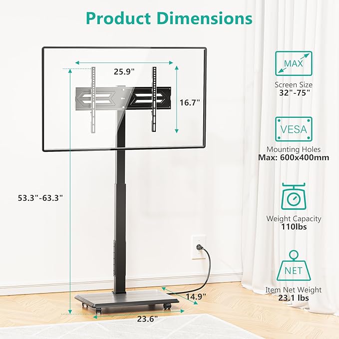 WALI Floor TV Stand with Power Outlet, Rolling Tall TV Stand Mount with Wheels - Image 5