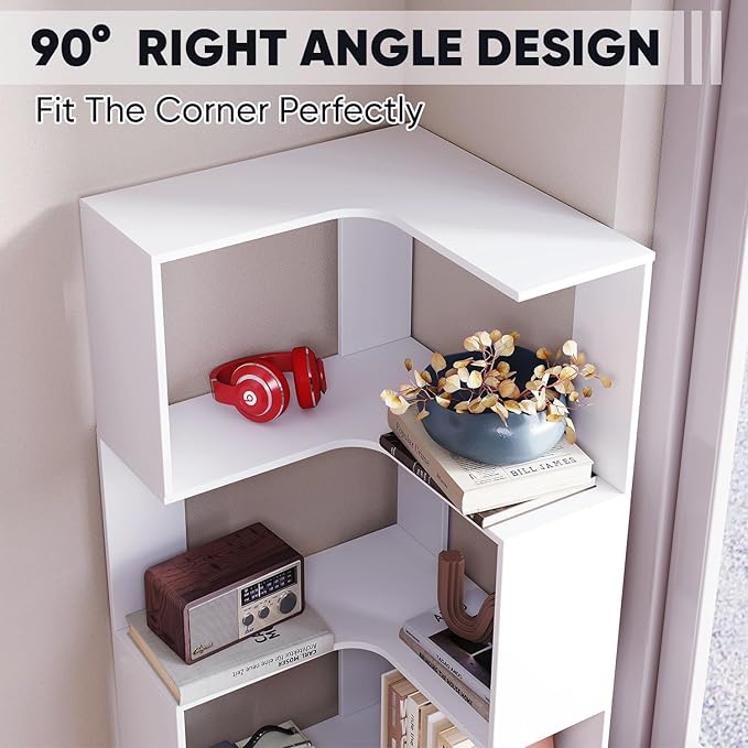 Corner Bookshelf, 68.9" Tall Wooden Corner Bookcase 5 Tiers L-Shaped Storage - Image 5