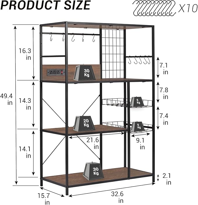 Bakers Rack with Power Outlet, Microwave Stand with Storage, Coffee Bar - Image 3