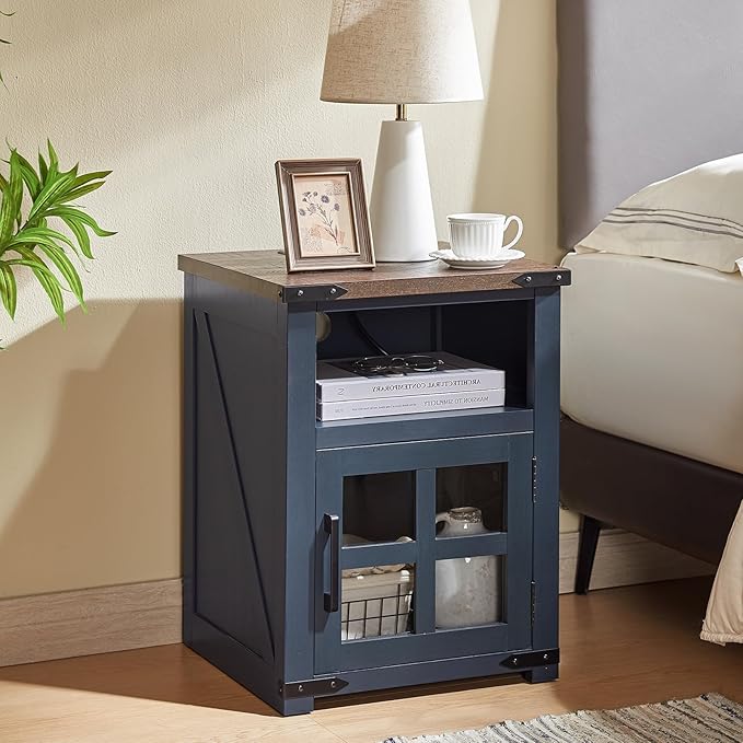 Farmhouse Nightstand with Charging Station, Rustic End Table with Tempered by Barnyatoh