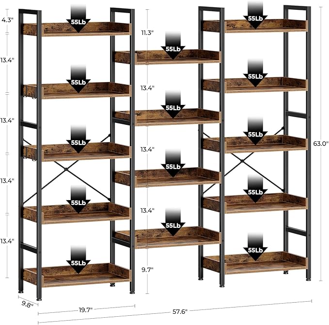 Rolanstar Bookshelf 5 Tiers, Triple Bookcase - Image 3
