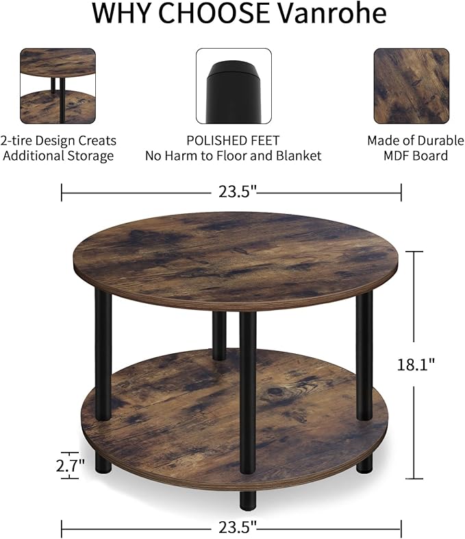 Small Round Coffee Table for Small Space, 23.5" 2-Tier Rustic Brown Wooden - Image 3