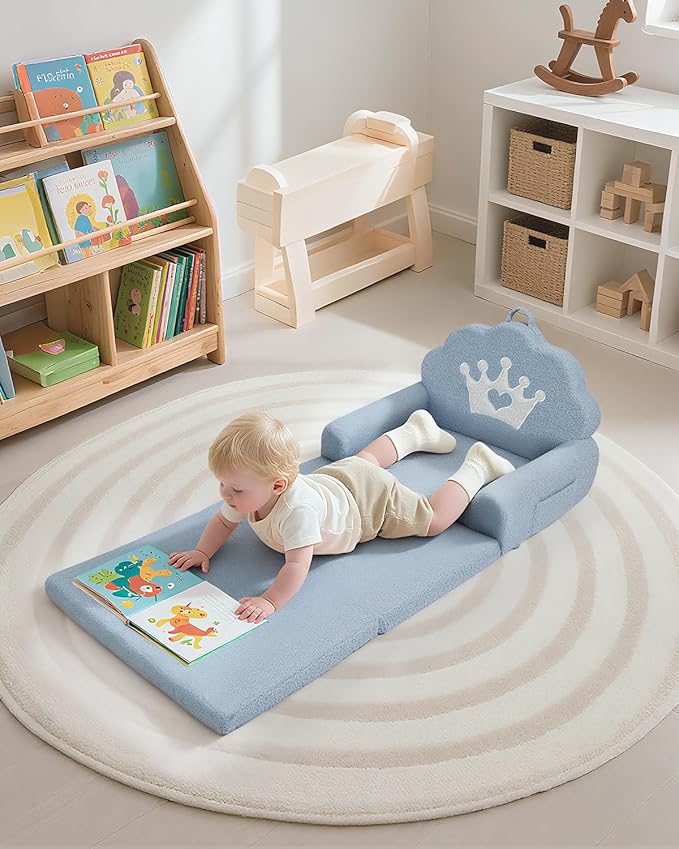2-in-1 Kids Couch Fold Out, Soft Teddy Sherpa Toddler Couch - Image 2