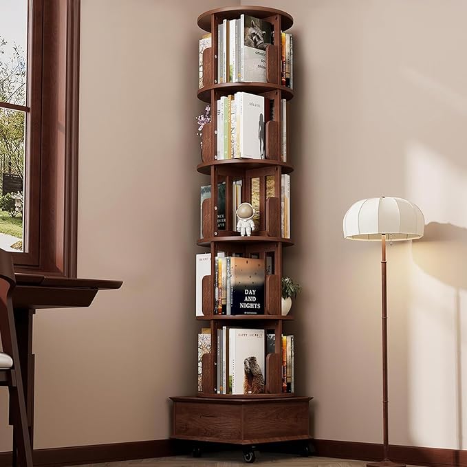 Solid Wood Rotating Bookshelf Tower on Wheels, 5-Tier Spinning Bookcase - Image 5