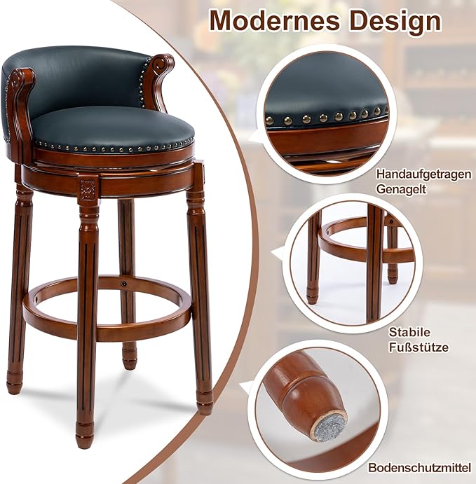 CozyRain Bar Stools Rubber Wood Counter Height Bar Stool Leather Upholstered - Image 4