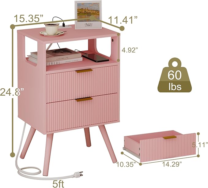 Pink Nightstand with Charging Station and LED Lights, Modern Bedside Table with - Image 2