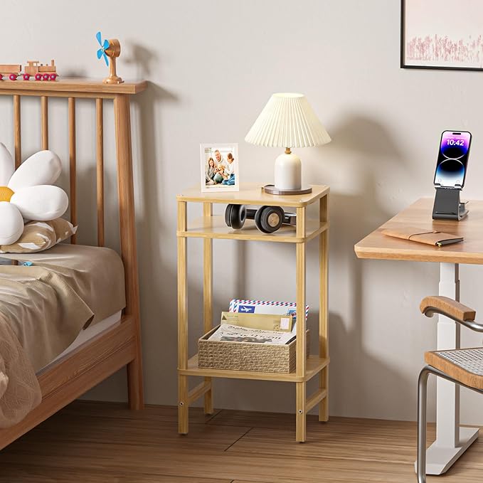 28in Tall Bamboo Side Table 3-Tier Small Narrow End Table, Skinny Nightstand - Image 7