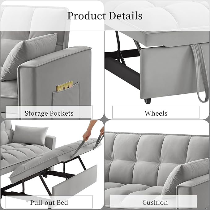 KEIKI Velvet Loveseat Convertible Sofa Bed Sleeper Chair - Image 5