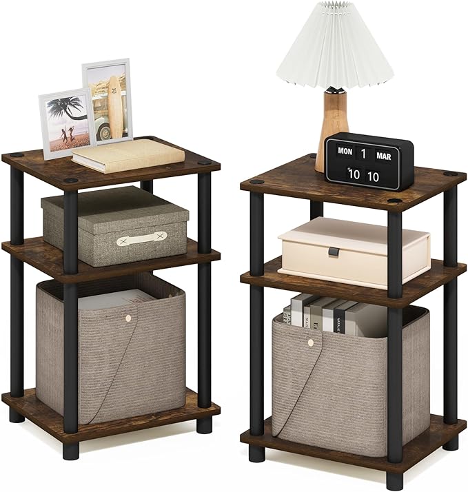 Furinno Just 3-Tier Turn-N-Tube End Table, Amber Pine/Black by Furinno-FitsYourSpaceFitsYourBudget