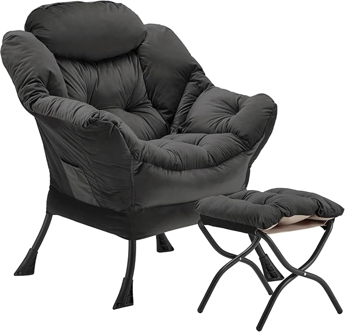Lazy Chair with Folding Ottoman, Accent Chair Velvet Upholstered with Metal by Youtanic