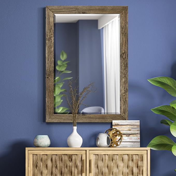Renditions Gallery Walnut Vanity Mirror Rectangular Barnwood Framed Wall Mirror - Image 3
