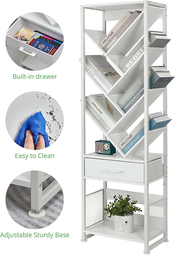 Bookshelf with Drawer, 10 Tier Tree Bookcase Retro Floor Standing Bookshelves - Image 3
