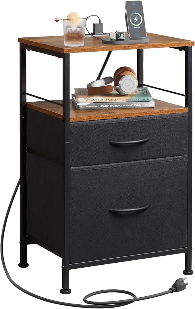 WLIVE Nightstand with Charging Station, Night Stand with 2 Fabric Drawers by WLIVE