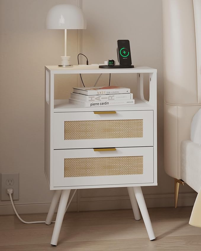 Rattan Nightstand with Charging Station, Farmhouse Bedside Table with 2 Storage by JOONEE