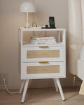 Rattan Nightstand with Charging Station, Farmhouse Bedside Table with 2 Storage by JOONEE