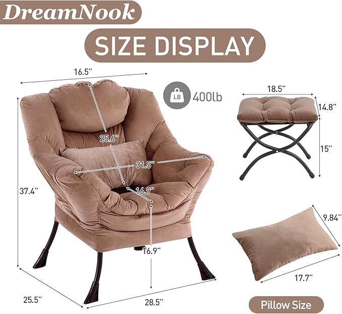 Lazy Chair with Ottoman, Modern Accent Chair with Lumbar Pillow, Comfy Chairs - Image 2