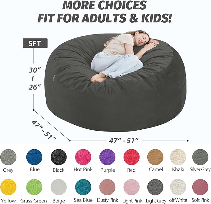5FT Bean Bag Chair with Ultra Soft Velvet Cover Bean Bag Sofa with Memory Foam - Image 2