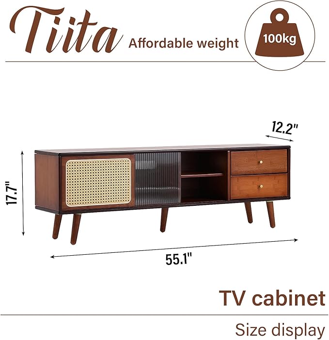 Tiita Rattan TV Stand for 55 65 Inch TV, Bamboo TV Cabinet - Image 2
