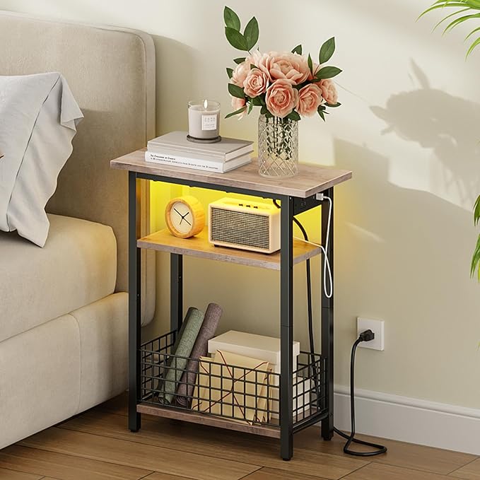 HOOBRO Narrow Side Table with Charging Station and LED Light, Small End Table - Image 4