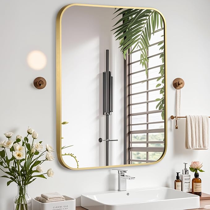 Brushed Gold Mirror, Metal Frame Rectangle Corner Vanity Mirror, Wall Mounted - Image 2