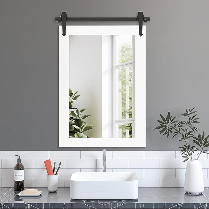 Bathroom Mirror for Over Sink 26”x40” Farmhouse Barn Door Mirror Rustic Wood - Image 4