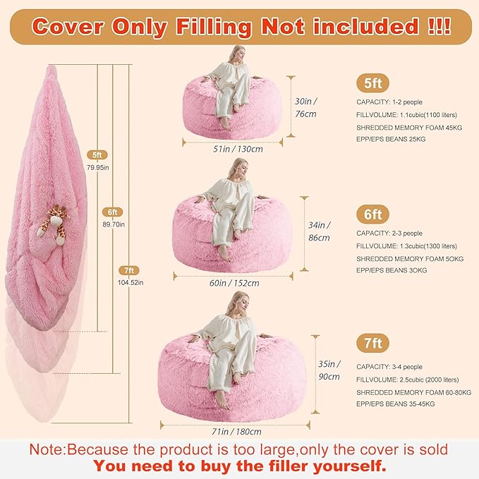 Fluffy Bean Bag for Stuffed Animals Storage, Faux Fur Washable Bean Bag Chair - Image 2