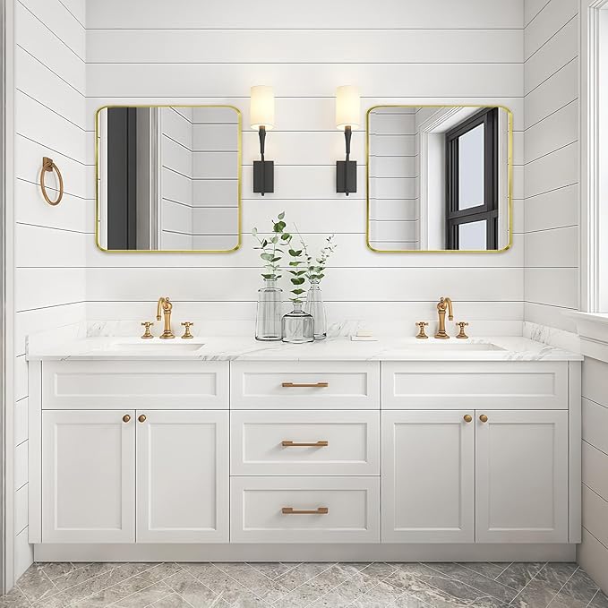 Wall Mount Mirror for Bathroom, Brushed Gold Metal Framed Rounded Corner Square - Image 3
