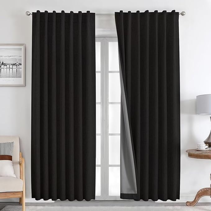 Joydeco Natural Linen Curtains 90 inch Length 2 Panels Set Burg 100% Blackout by JOYDECO
