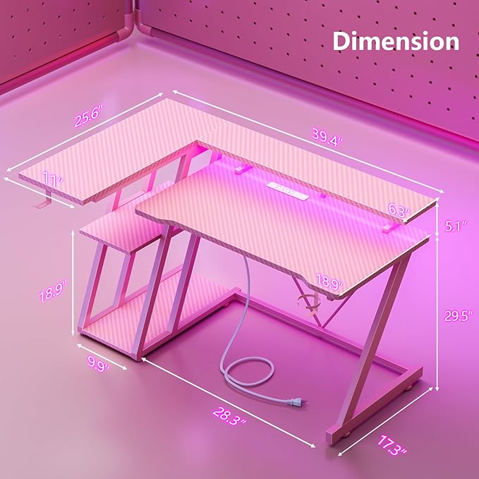 40 Inch Pink Gaming Desk with Power Outlet & LED Lights, Corner Computer Desk - Image 2