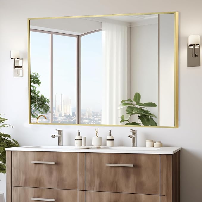 Gold Bathroom Mirror, Brushed Gold Mirror, Metal Frame Square Corner Vanity - Image 2
