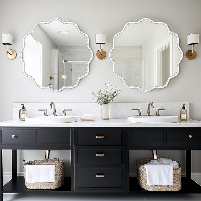 PROHOMEWARE White Round Mirror 28 Inch Wavy Bathroom Vanity Mirror White Frame - Image 2