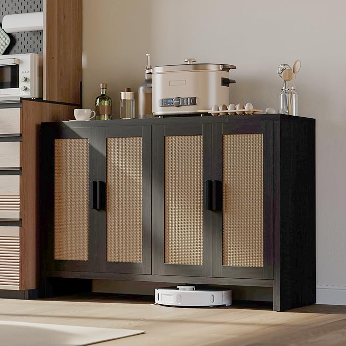 Rattan Buffet Cabinet with Storage, Sideboard with Doors, TV Stand, Farmhouse by MERICONIA