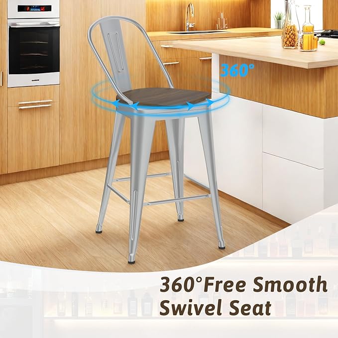 24” Swivel Bar Stools Set of 4, Counter Height Bar Stools Wooden Seat, Metal - Image 7