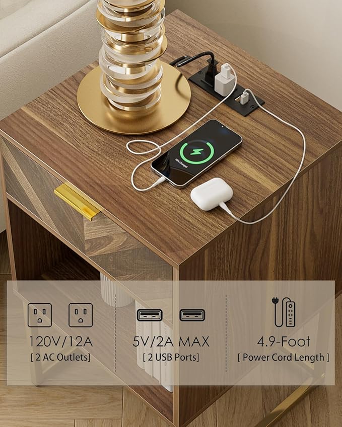 Nightstand with Charging Station, Modern Night Stand Boho Farmhouse Wood - Image 3