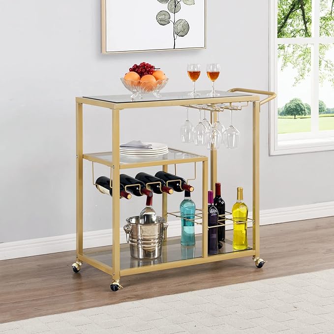 Rolling Bar Carts Gold with Wheels, Home Bar Serving Cart with Glass Wine by FABOMEI