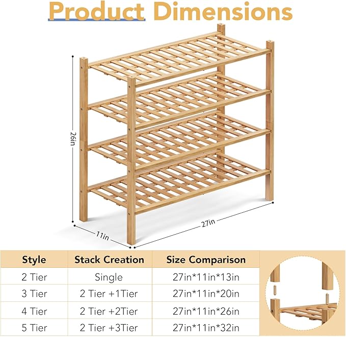 Haddockway 4 Tier Bamboo Shoe Rack Storage Organizer, Small Space 27"x11"x26" - Image 3