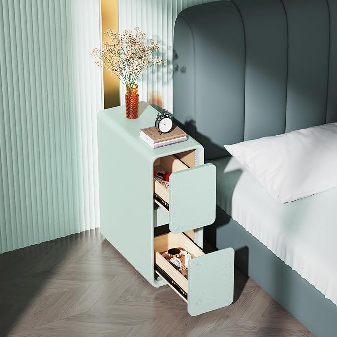 VICITON Modern Narrow Faux Leather Nightstand, Solid Wood Drawer, Storage - Image 3