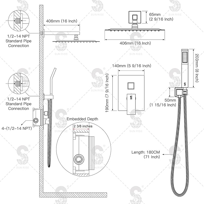 SR SUN RISE Polished Chrome Square Rainfall Shower Head and Handle Set - Image 5