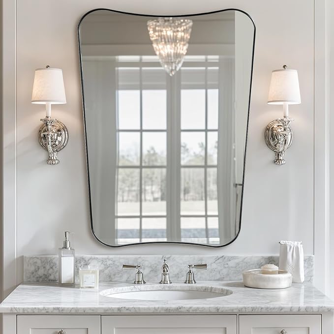 ANDY STAR Brushed Nickel Mirror, 24x32 Inch Bathroom Scalloped Mirror, by ANDYSTAR