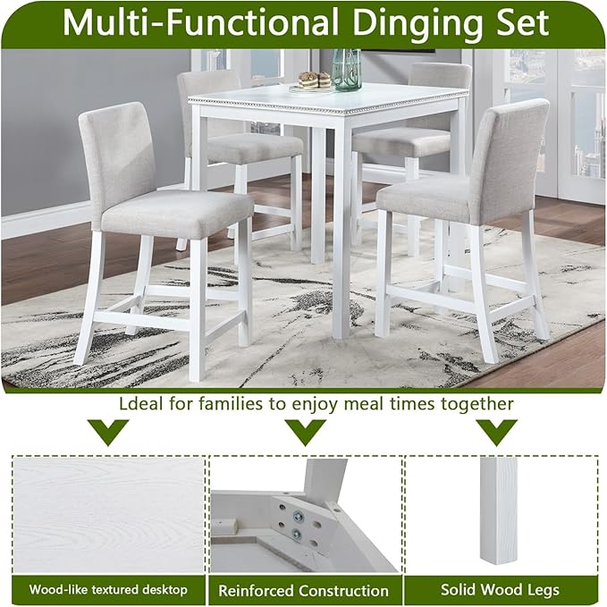 Dining Table Set for 4, Counter Height, Includes 4 Upholstered Chairs for Living - Image 3
