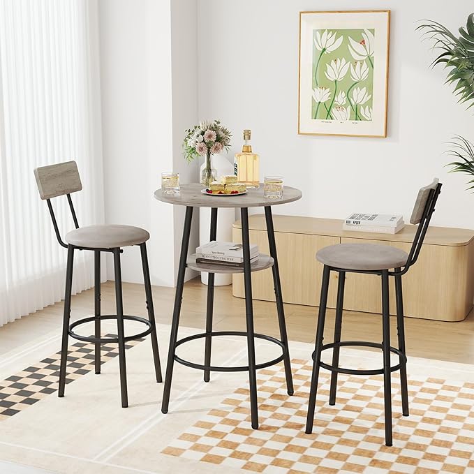 3 Pieces Round Bar Table Set, Small Dining Table by Zevemomo