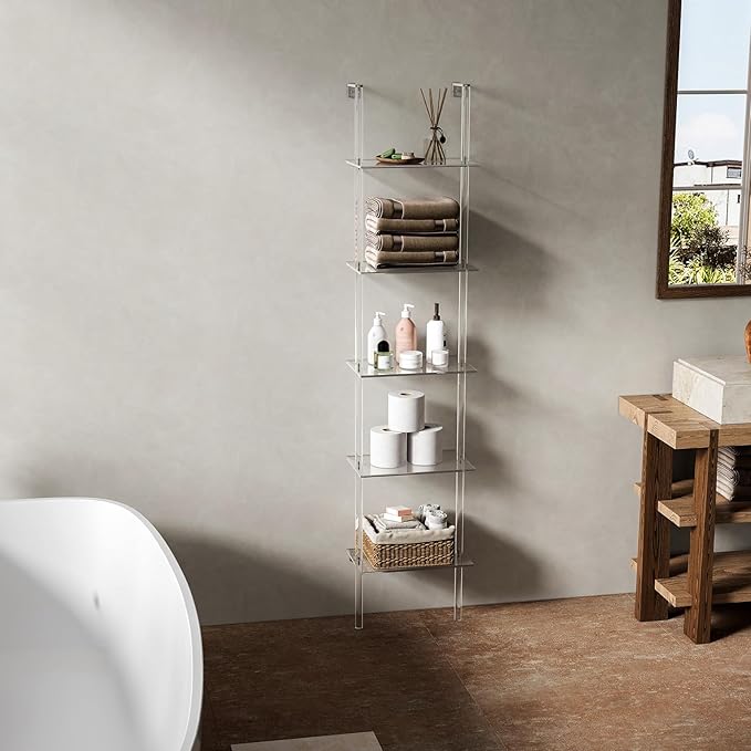 Small Acrylic Ladder Bookshelf, 9.5" D x 15.6" W, 5-Tier Clear Wall Mounted - Image 5