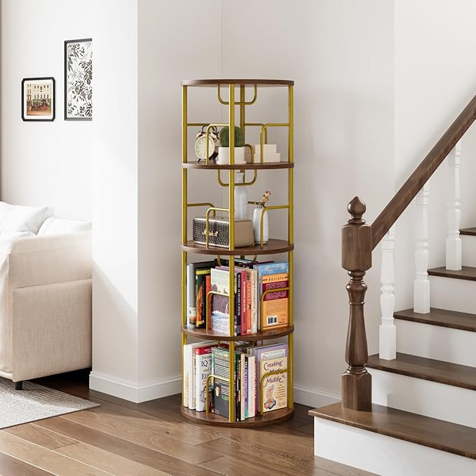 4 Tier Rotating Bookshelf, 360 Display Spinning Corner Bookshelf, Space Saving - Image 7