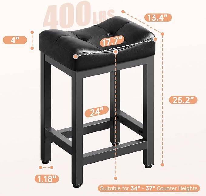 Dripex Backless Faux Leather Saddle Bar Stools Set of 2, 24 Inch Counter Height - Image 3